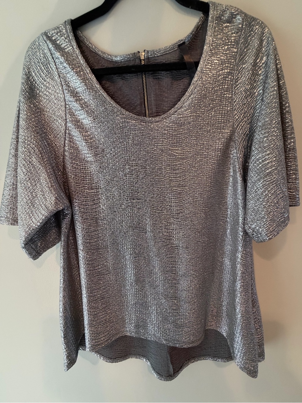 audrey Metallic Silver Short Sleeve Scoop Neck Top